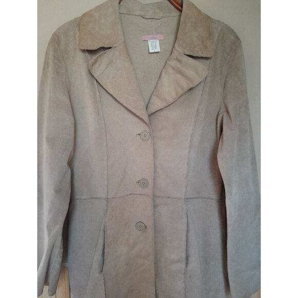 Womens Sz Large Genuine Suede Mid Length Western Trench Coat Pockets Light Tan - Picture 11 of 13